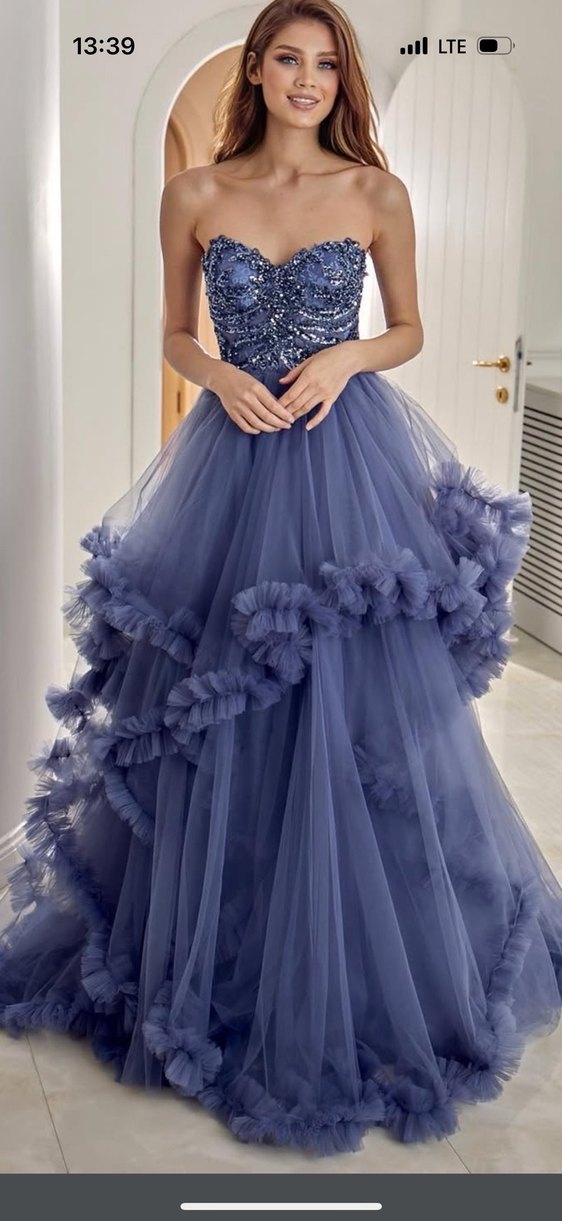 Nakışlı Uzun Askılı Mavi Nişan Elbisesi - Görsel 2