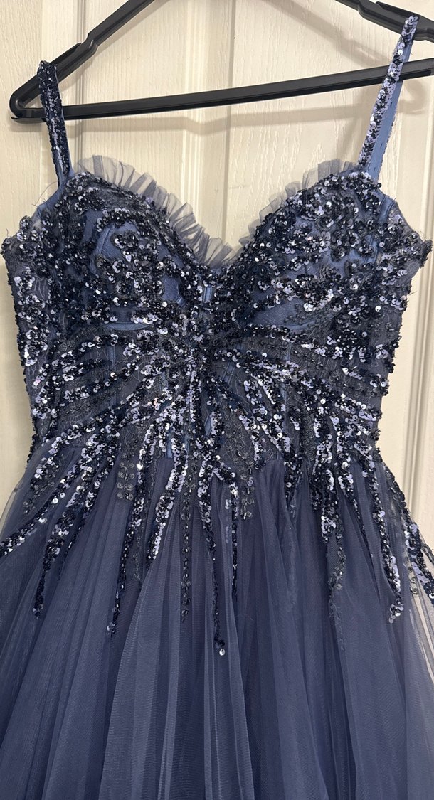 Nakışlı Uzun Askılı Mavi Nişan Elbisesi - Görsel 4