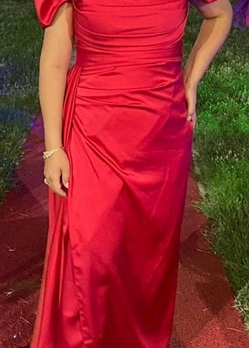 Kırmızı Uzun Drapeli Kadın Abiye Elbise - Görsel 3