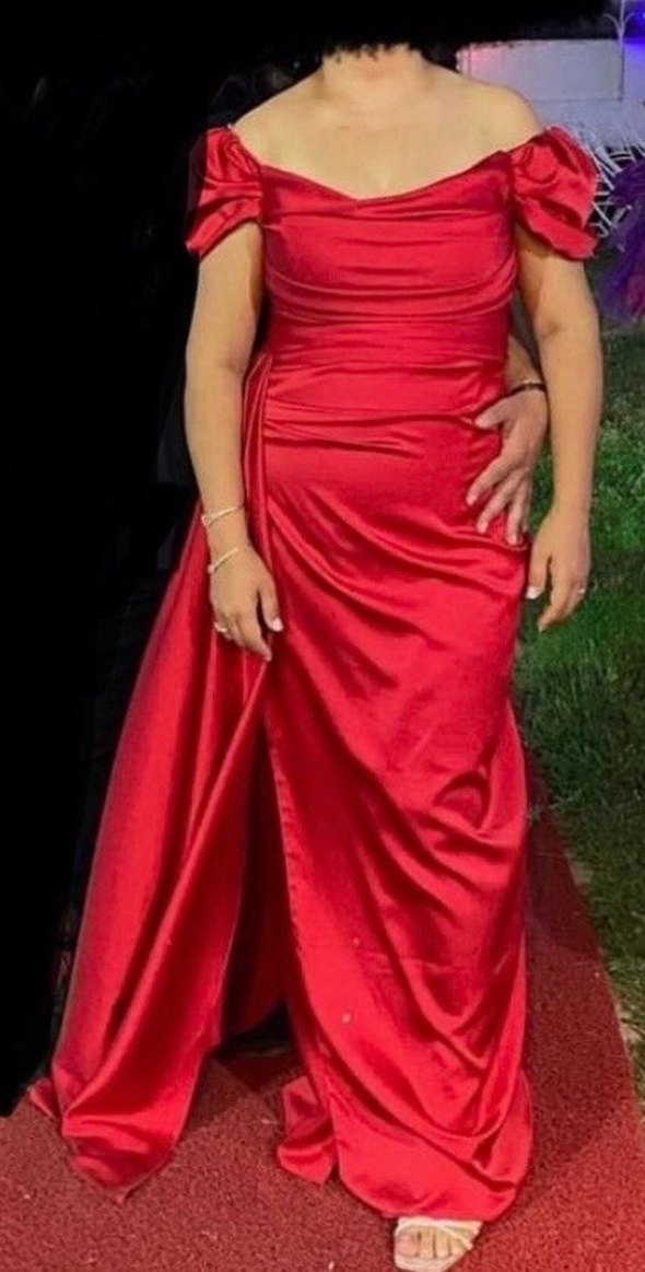 Kırmızı Uzun Drapeli Kadın Abiye Elbise - Görsel 2