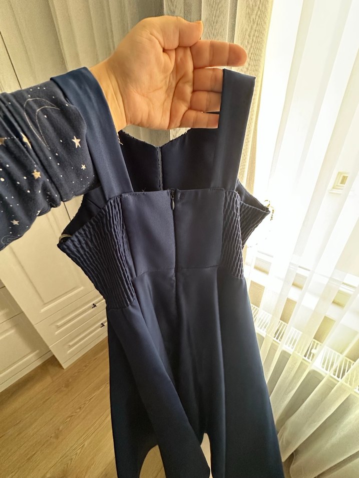 Drapeli Mavi Midi Abiye Elbise - Görsel 5