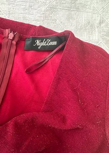 Adl night zoom Bordo Parlak Drapeli V Yaka Midi Elbise - Görsel 3