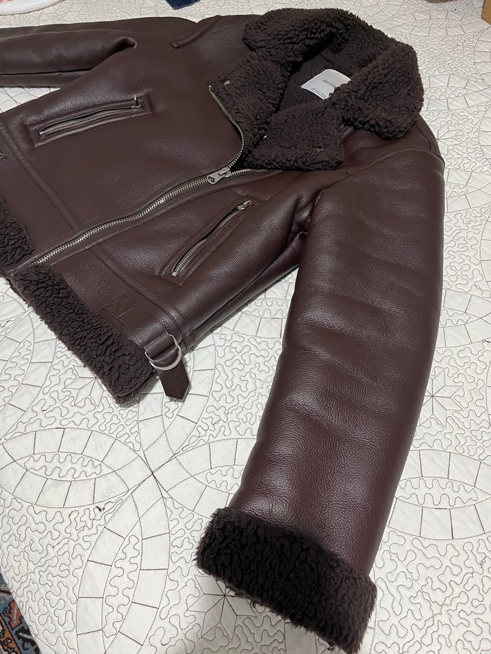 Kahverengi Kürklü Deri Biker Ceket - Görsel 2