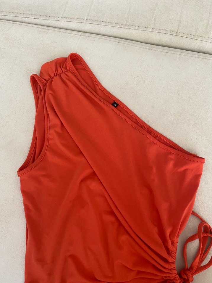 Turuncu  Drapeli Tek Omuz Abiye Elbise - Görsel 2