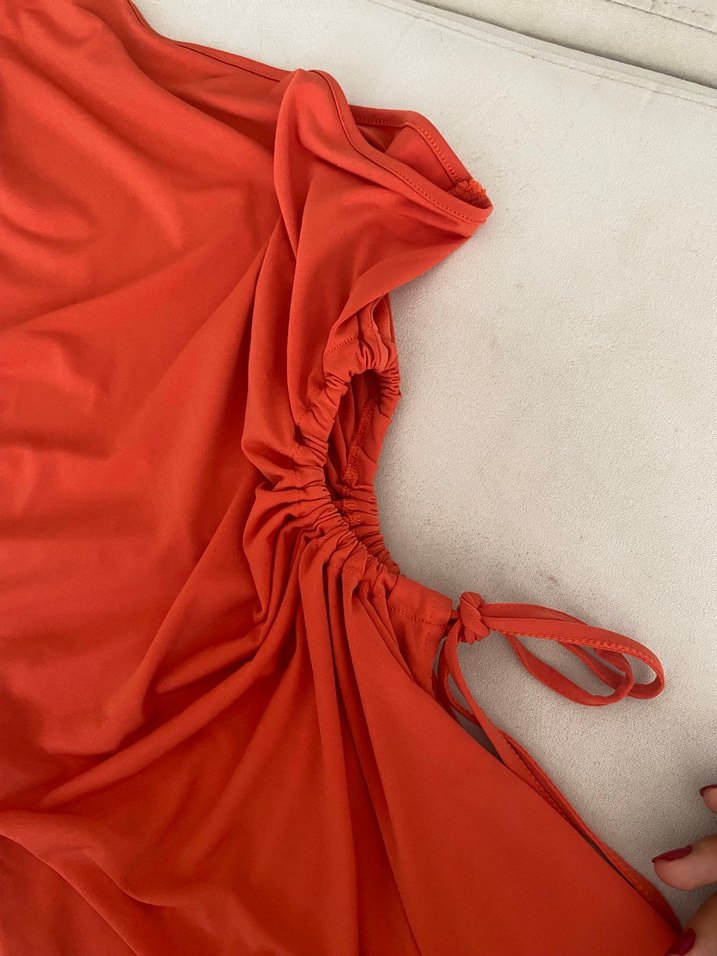 Turuncu  Drapeli Tek Omuz Abiye Elbise - Görsel 3