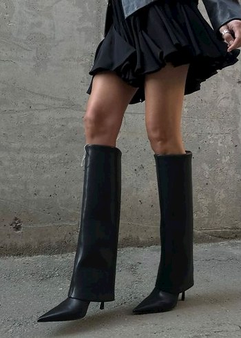 40 Beden Siyah Deri Dizüstü Stiletto Topuklu Botlar
