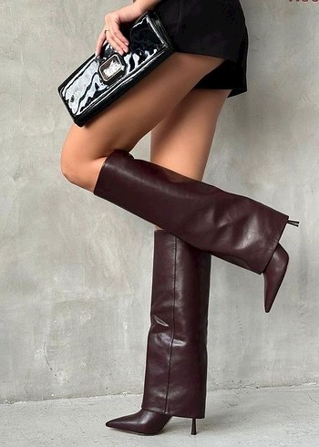 Kahve Deri Tokalı Stiletto Dizüstü Kadın Çizme