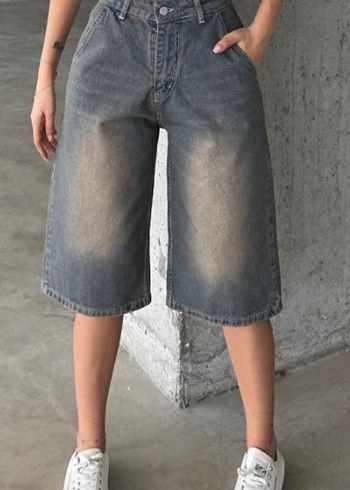 Gri Loose Fit Midi Denim Şort capri