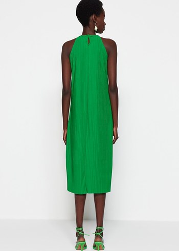 Yeşil Pilili Uzun Askılı Kadın Elbise - Görsel 2