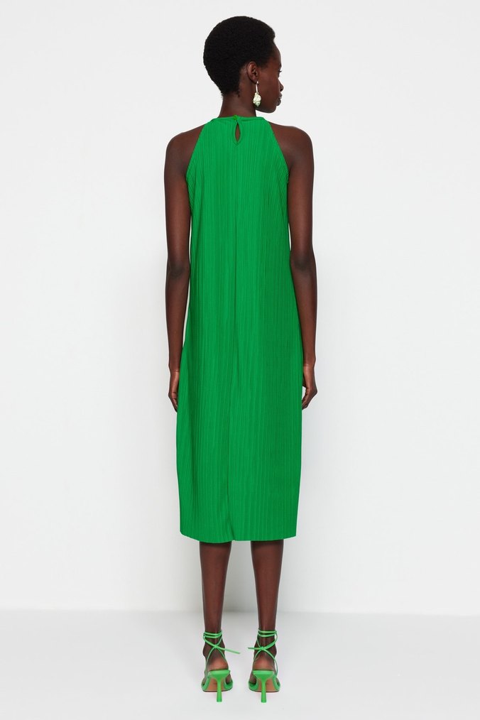 Yeşil Pilili Uzun Askılı Kadın Elbise - Görsel 2