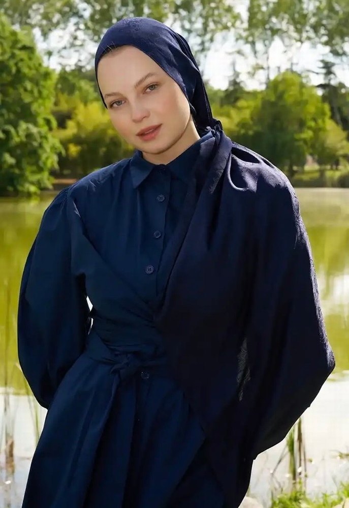 Lacivert Kadın Drapeli İpeksi jakar şal - Görsel 4