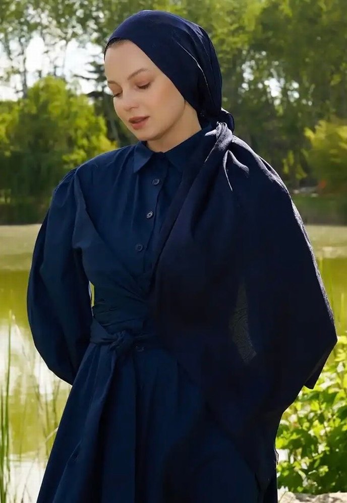 Lacivert Kadın Drapeli İpeksi jakar şal - Görsel 2