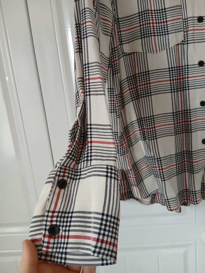 Düğmeli Gri Kareli Uzun Kollu Kadın Gömlek - Görsel 4