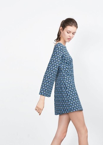 ZARA Mavi Batik Desenli Uzun Kollu Kısa Elbise - Görsel 3