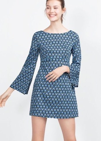 ZARA Mavi Batik Desenli Uzun Kollu Kısa Elbise - Görsel 4