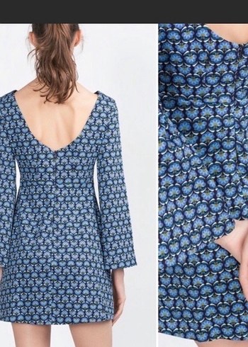 ZARA Mavi Batik Desenli Uzun Kollu Kısa Elbise - Görsel 2