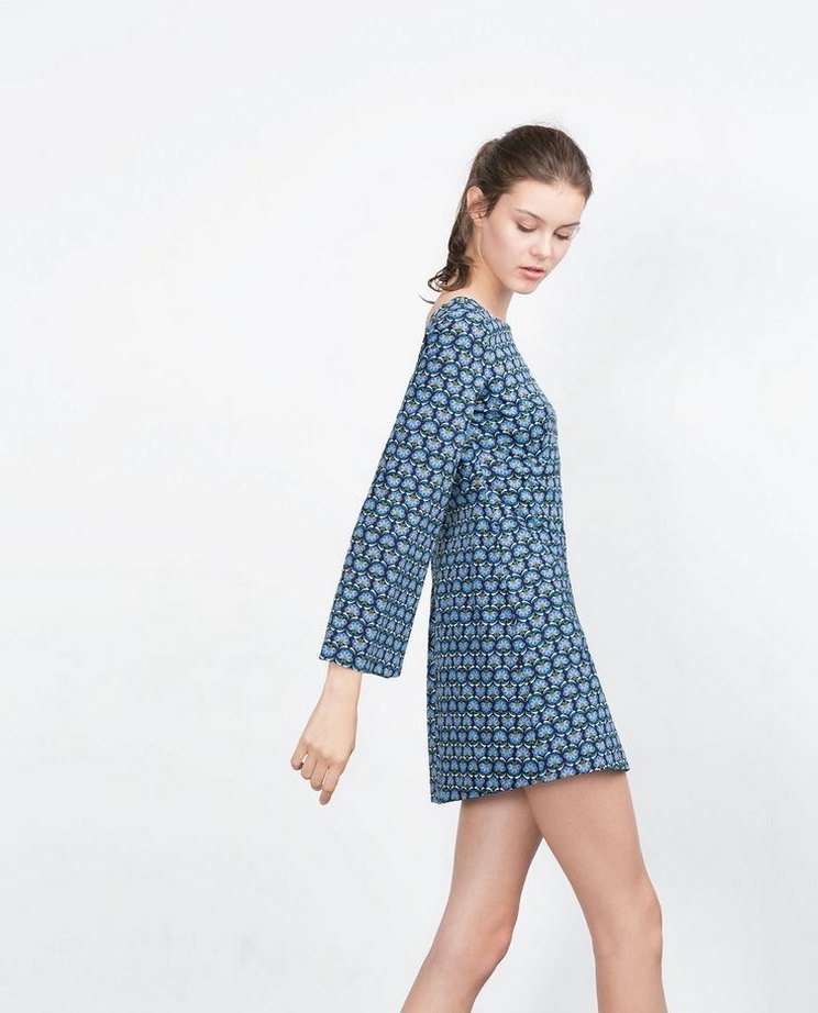 ZARA Mavi Batik Desenli Uzun Kollu Kısa Elbise - Görsel 3