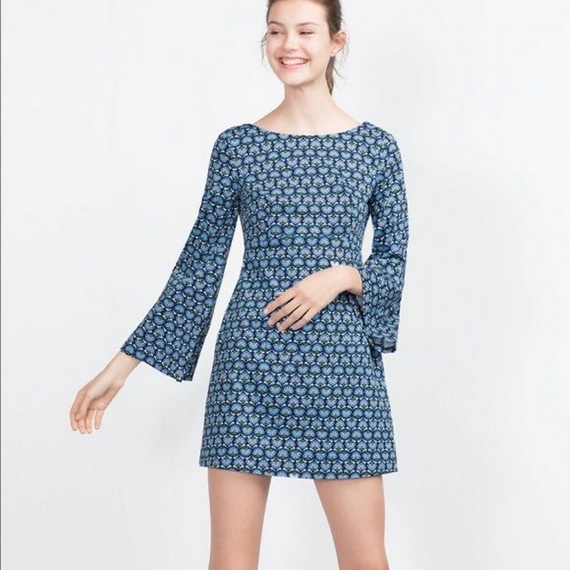 ZARA Mavi Batik Desenli Uzun Kollu Kısa Elbise - Görsel 4