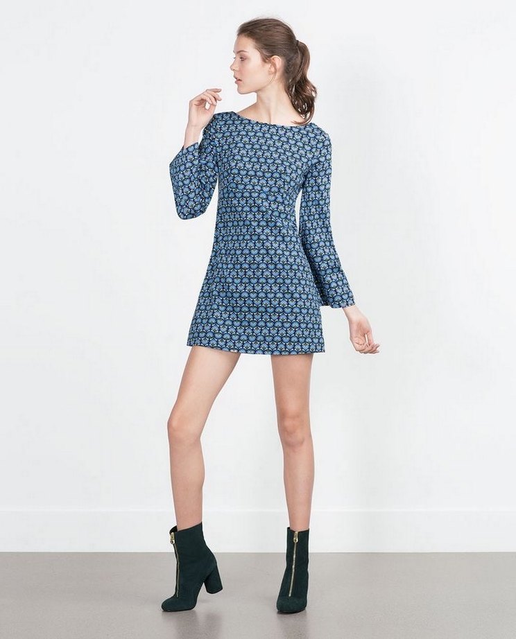 ZARA Mavi Batik Desenli Uzun Kollu Kısa Elbise - Görsel 5