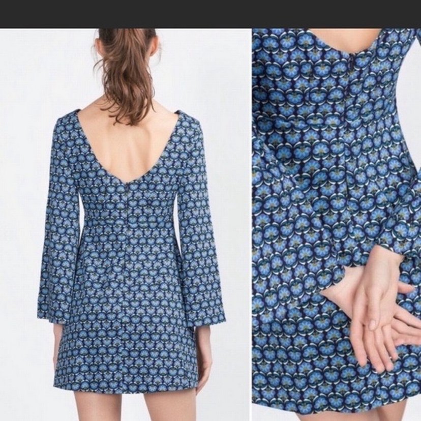 ZARA Mavi Batik Desenli Uzun Kollu Kısa Elbise - Görsel 2