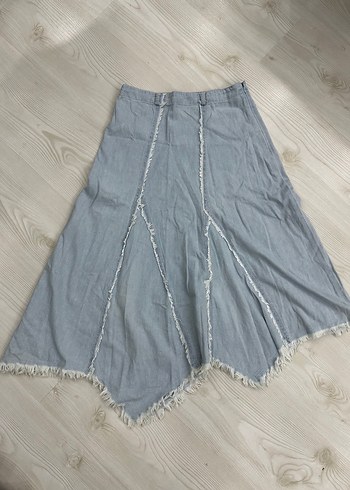 Gri Denim Bohem Midi Etek