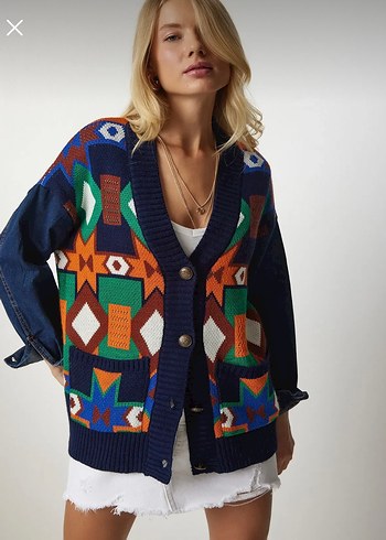 Trendyol & Milla DENIM KOL DETAYLI DESENLİ TRİKO HIRKA