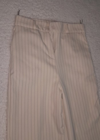 krem Çizgili Kadın Kumaş Pantolon - Görsel 3