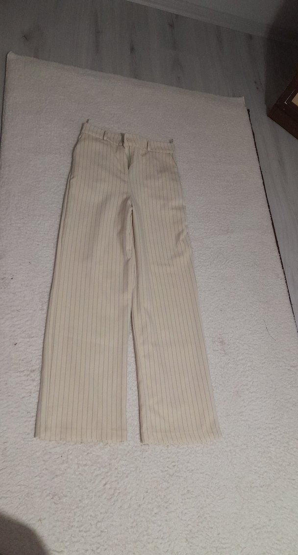 krem Çizgili Kadın Kumaş Pantolon - Görsel 2