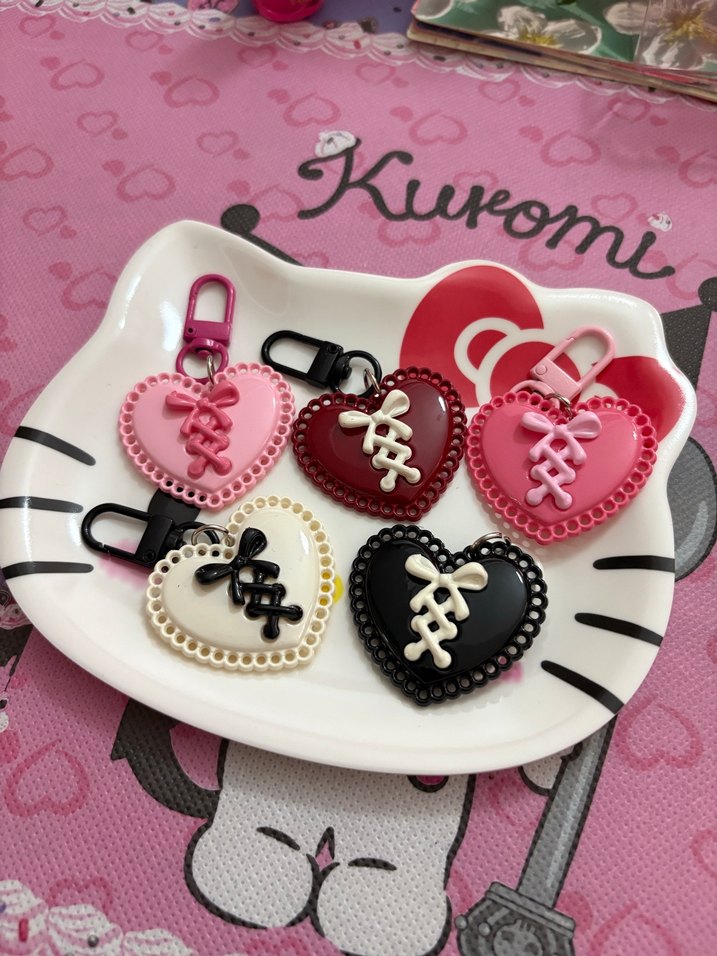 Dantel Detaylı Renkli Kalp Anahtarlık Seti - Görsel 2