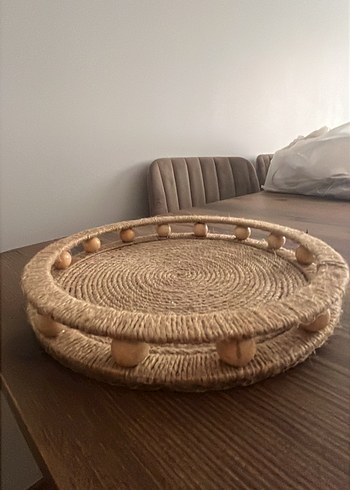 Ikea Bej ve Gri Hasır Yuvarlak Sepet