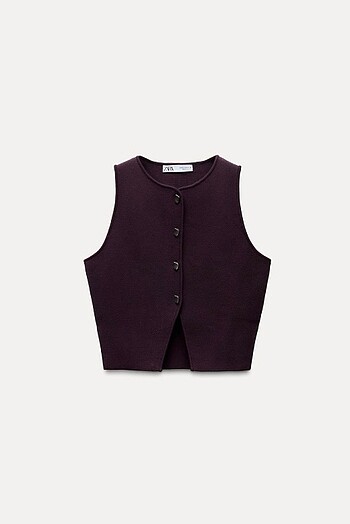 Zara düğmeli örgü üst yelek patlıcan