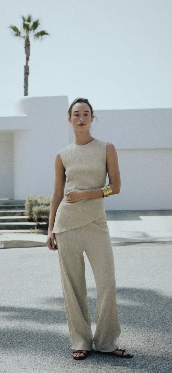 Zara dokulu baggy pantolon ve asimetrik dokulu top takım - Görsel 2