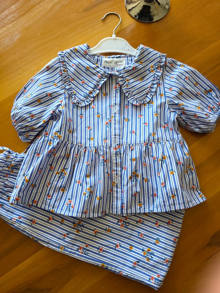 Zara Çiçekli Mavi Pamuklu Takım - Görsel 4