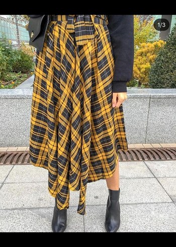 Sarı Ekose Desenli Uzun Salaş Etek - Görsel 2
