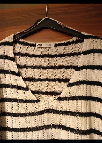 Çizgili V Yaka Örgü Kadın Kazak zara - Görsel 4