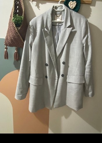 Gri Keten Kumaşlı Düğmeli Kadın Blazer koton marka - Görsel 4