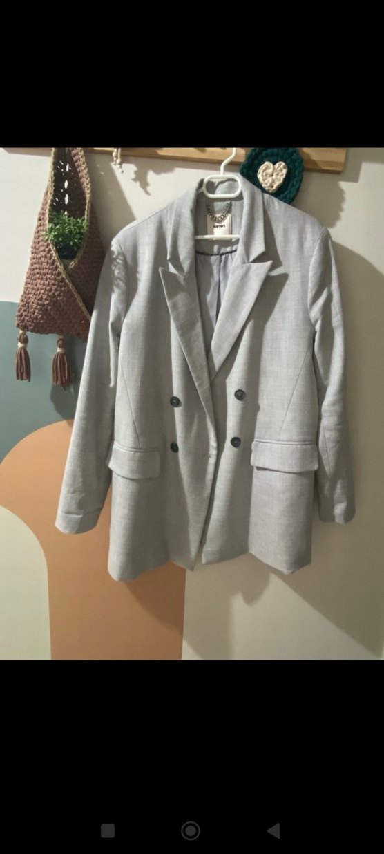 Gri Keten Kumaşlı Düğmeli Kadın Blazer koton marka - Görsel 4