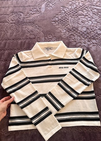 Miu Miu Beyaz Siyah Çizgili Polo Yaka Kazak