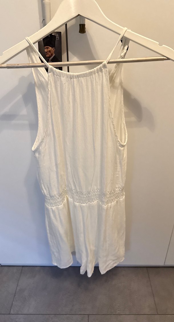 Beyaz Keten V Yakalı Kadın Tulum - Görsel 2