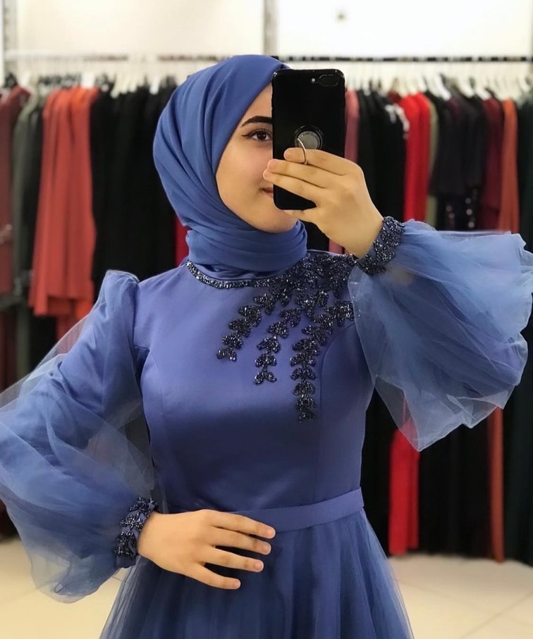 İşlemeli Mavi Uzun Abiye Elbise - Görsel 2