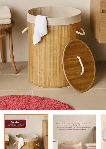 Bej Yuvarlak kirli çamaşır kutusu - Görsel 4