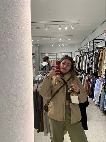 Stradivarius bej deri şişme mont