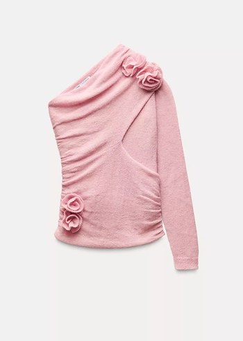 Zara Asimetrik Pembe Tek Omuzlu Cicekli Bluz