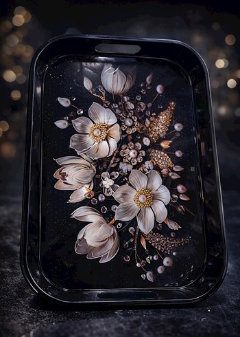 Beyaz Bohem Çiçek Desenli Tepsi - Görsel 2