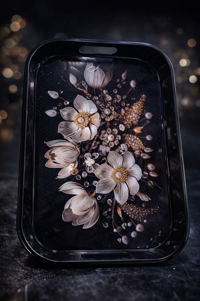 Beyaz Bohem Çiçek Desenli Tepsi - Görsel 2