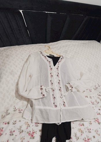 Nakışlı Beyaz Keten Bohem Mini Tunik