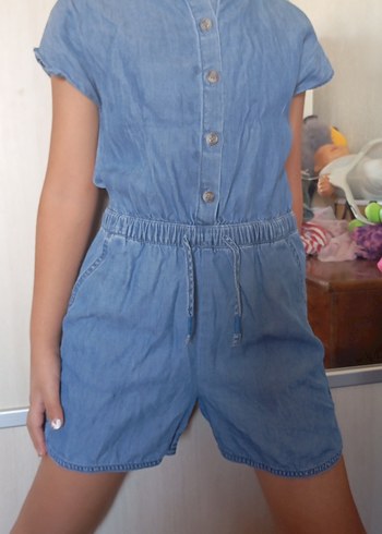 Mavi Kısa Kollu Düğmeli Kız Kot Tulum - Görsel 7