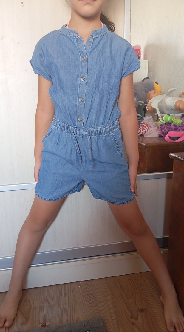 Mavi Kısa Kollu Düğmeli Kız Kot Tulum - Görsel 2