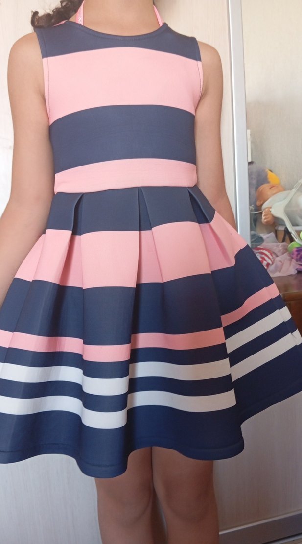 Kız Çocuk Pileli Çizgili Elbise - Görsel 5