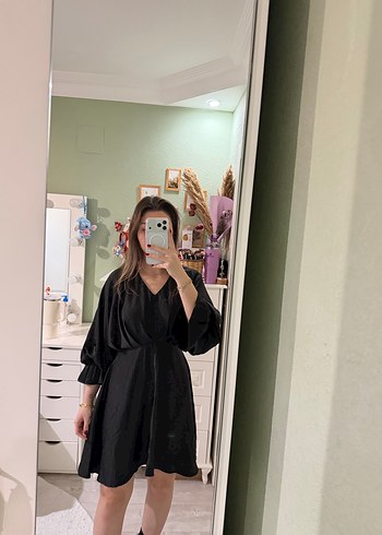 Siyah Midi V Yakalı Uzun Kollu Elbise - Görsel 6